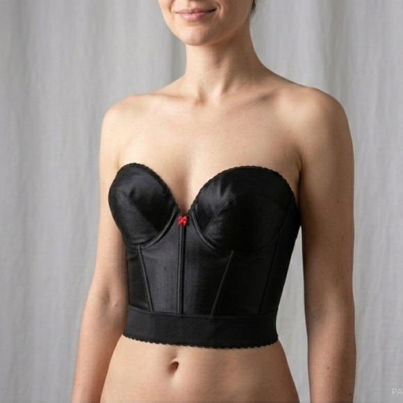 Carnival Size 38C Corset Bra Vintage Black Longline Strapless Low Back Satin - Picture 5 of 12
